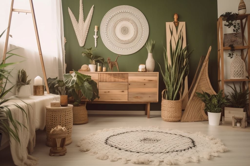 Na imagem um sofa branco, ao seu lado uma luminária no estilo boho, a parede é verde militar e existem diversas decorações boho chic.