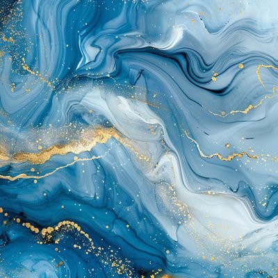 Marble abstract acrylic background. Blue marbling artwork texture. Agate ripple pattern. Gold powder.